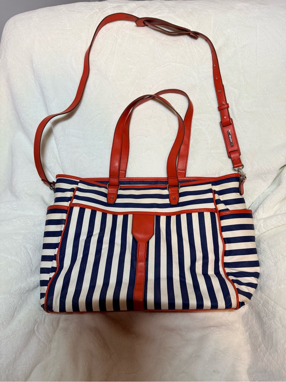 Stella & Dot Navy and White Striped Tote with Orange Trim and Strap